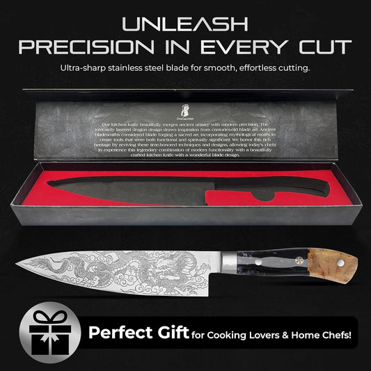 8 Inch Chef Knife - Stainless Steel, Sharp Kitchen Knife, Ergonomic Cooking Knife, Japanese Style, For Cooking, Chopping. Gift Box Included