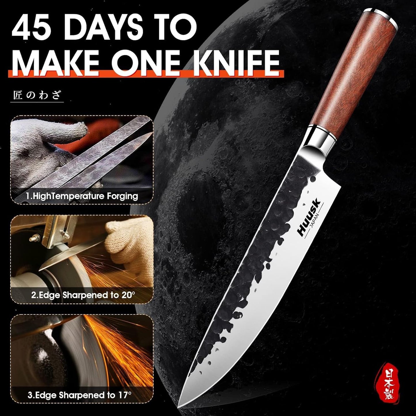 Huusk Butcher Knife Set of 3- Japanese Knife Set for Meat Cutting, Hand Forged Viking Knives Sets with Meat Cleaver, Heavy-Duty Kitchen Knives Sets for Bone BBQ Vegetable, Gift Idea for Men & Women