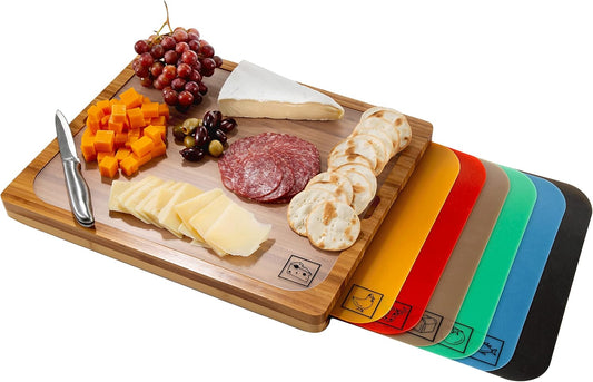 Seville Classics Bamboo Premium Wood Cutting Board Serving Tray w/ 7 Color-Coded BPA-Free Mats, for Chopping Bread, Cheese, Fruits, Vegetables, Meats, Charcuterie (PATENTED), Bamboo (NEW MODEL)