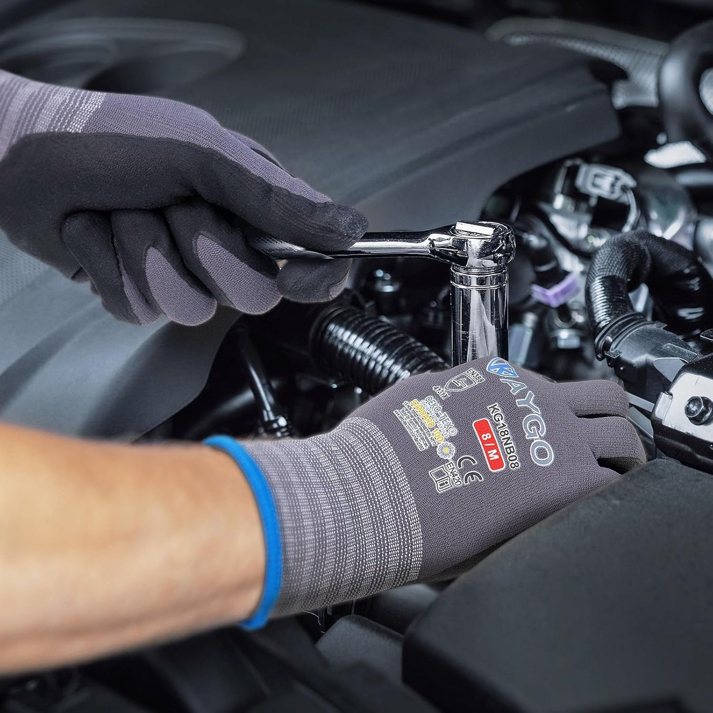 KAYGO Safety Work Gloves MicroFoam Nitrile Coated, 3 Pairs KG18NB,Seamless Knit Nylon Glove for Men and Women, Ideal for Automotive,Warehouse,Construction (Small,Gray)