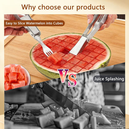 Watermelon Cutter, 2-in-1 Stainless Steel Fruit Cutter, Dual Head Watermelon Fork Slicer Tool, Summer Fruit Cutting Kitchen Gadget for Home (2PCS)