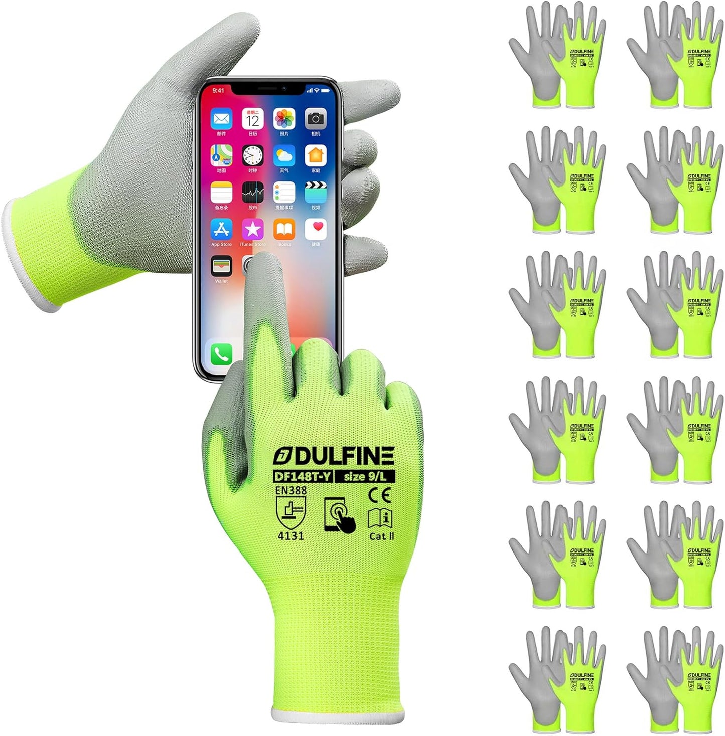 DULFINE Safety Work Gloves PU Coated-12 Pairs,Red Seamless Knit Glove with Polyurethane Coated Smooth Grip on Palm & Fingers, for Men and Women, Ideal for General Duty Work (Large)