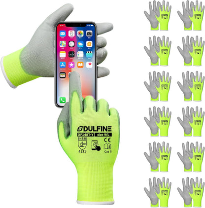 DULFINE Safety Work Gloves PU Coated-12 Pairs,Red Seamless Knit Glove with Polyurethane Coated Smooth Grip on Palm & Fingers, for Men and Women, Ideal for General Duty Work (Large)