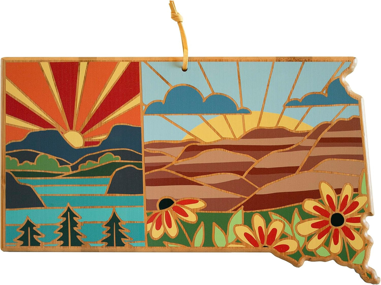 Totally Bamboo North Carolina State Shaped Cutting Board and Charcuterie Serving Platter with Artwork by Summer Stokes, Includes Hang Tie for Wall Display 18" x 8" x 5/8" - Colors B