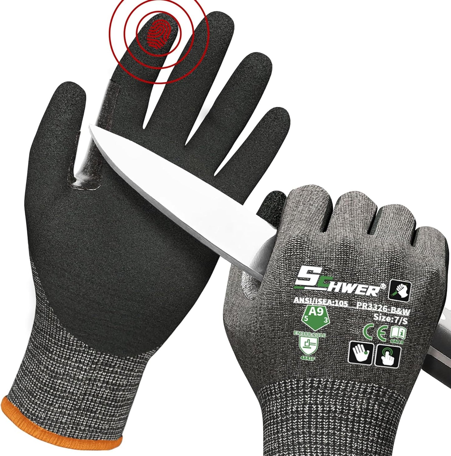 Schwer ProGuard High Level Cut Resistant Work Gloves PR3326 for Extreme Protection，ANSI A9 Cut Gloves with Reinforced Thumb, Non Slip, Breathable, Durable, Touch-screen, Black 1 Pair（XL）