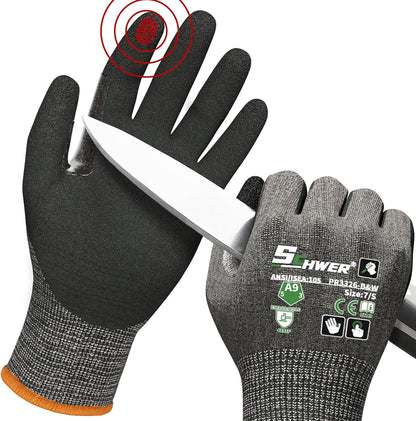 Schwer ProGuard High Level Cut Resistant Work Gloves PR3326 for Extreme Protection，ANSI A9 Cut Gloves with Reinforced Thumb, Non Slip, Breathable, Durable, Touch-screen, Black 1 Pair（XL）