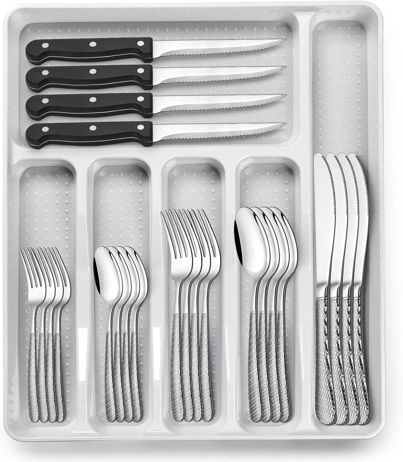 49-Piece Silverware Set with Organizer, Heavy Duty Stainless Steel Flatware Set for 8, Cutlery Utensil Sets with Steak Knives, Rust-proof, Mirror Polished, Dishwasher Safe, Heavy Duty