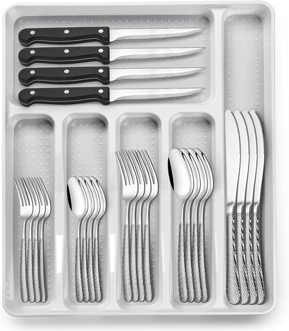49-Piece Silverware Set with Organizer, Heavy Duty Stainless Steel Flatware Set for 8, Cutlery Utensil Sets with Steak Knives, Rust-proof, Mirror Polished, Dishwasher Safe, Heavy Duty
