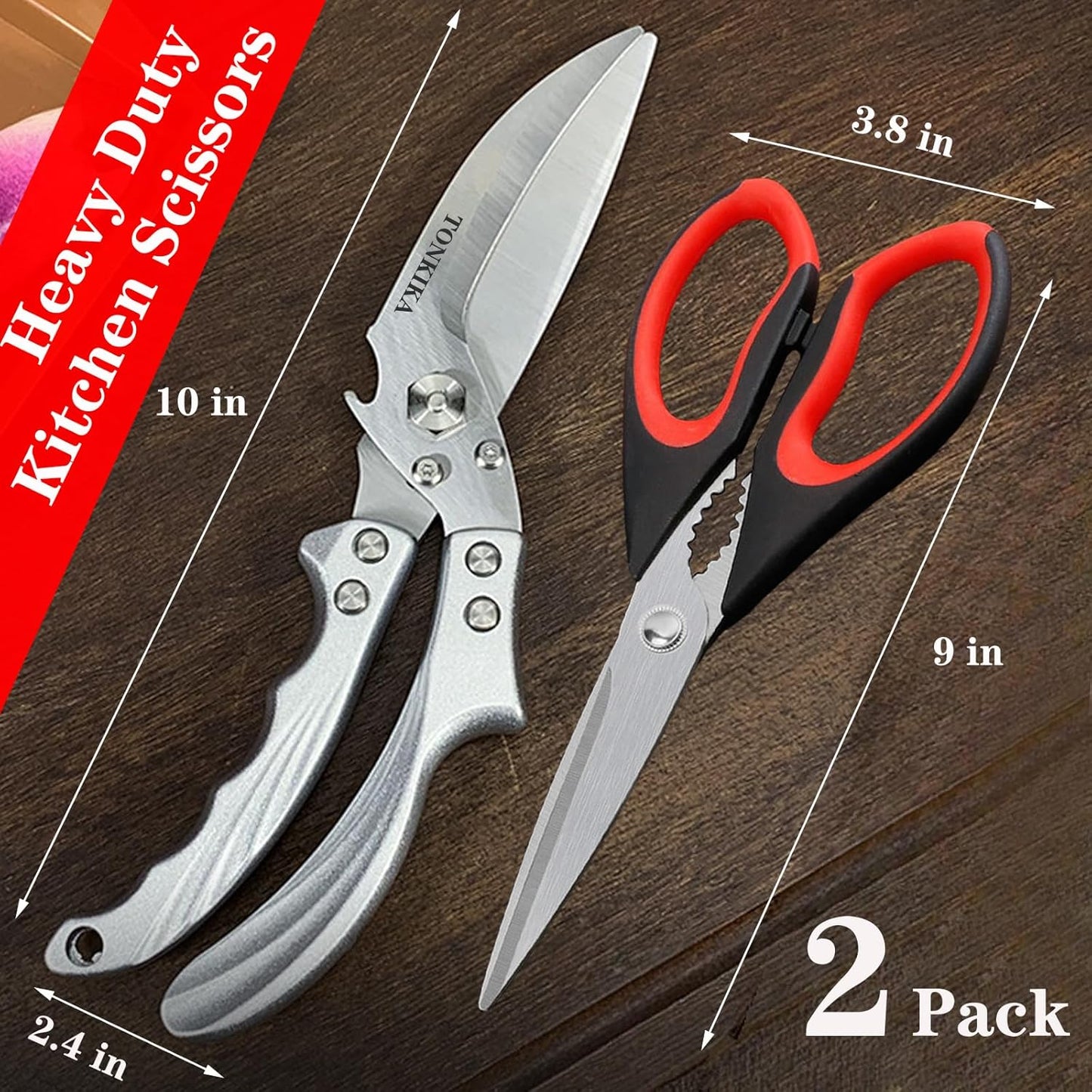 Heavy Duty Kitchen Shears, 2 Pack Detachable Poultry Scissors, Silver Black, Ambidextrous, Dishwasher Safe