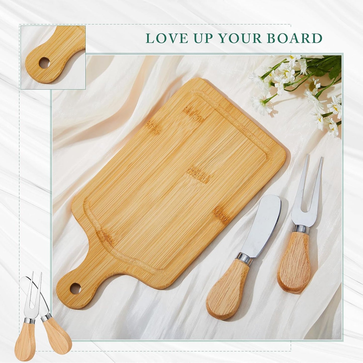 1 Set Bridal Baby Shower Cheese Prizes Wooden Square Board Gift Set Knives Forks Thank You Tags with Box for Guests for Valentines Bridal Baby Shower Housewarming Gifts (Bamboo Color)