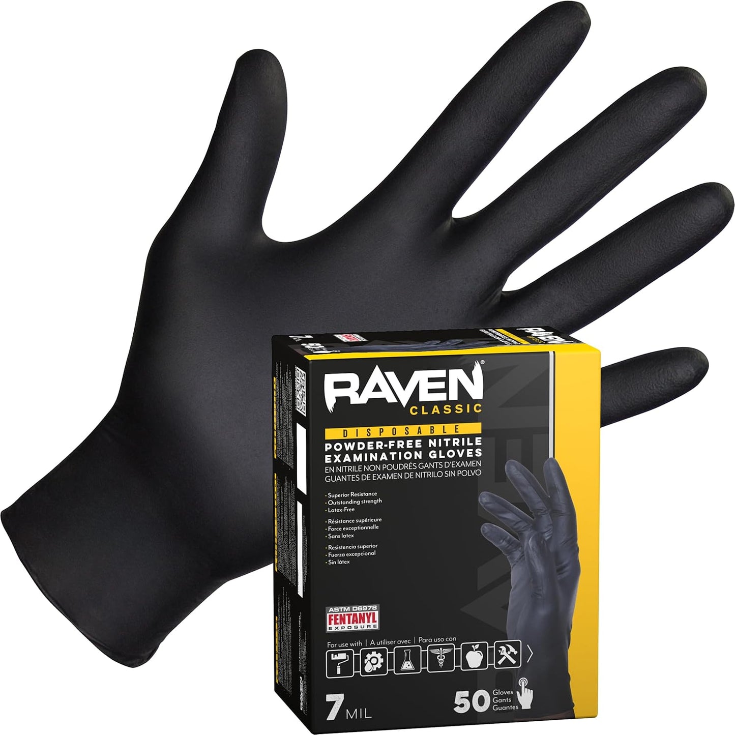 Raven Powder Free Nitrile Disposable Gloves 7 Mil - XL Latex Free, Chemical + Puncture Resistant, Textured Grip, Single Use for Automotive, Industrial, Janitorial, MRO, Food Service 66519
