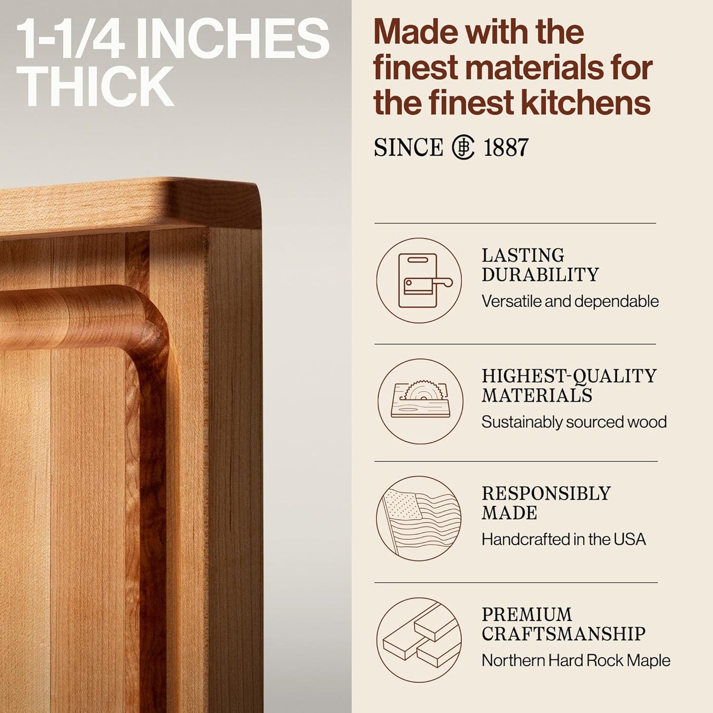 John Boos Countertop Series Rectangular Wooden Maple Cutting Board 17.75”x17.25” – 1.25” Thick, 13-lb Reversible Butcher Block with Juice Groove, Counter Lip & Edge-Grain – Made in the USA