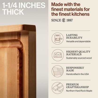 John Boos Countertop Series Rectangular Wooden Maple Cutting Board 17.75”x17.25” – 1.25” Thick, 13-lb Reversible Butcher Block with Juice Groove, Counter Lip & Edge-Grain – Made in the USA