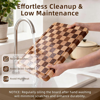 Checkered Cutting Board for Kitchen - Solid Wood End Grain Checkerboard Chopping Board with Handle & Juice Groove, Double Sided for Cooking, Serving and Decor, Rectangular 16" x 12" x 1"