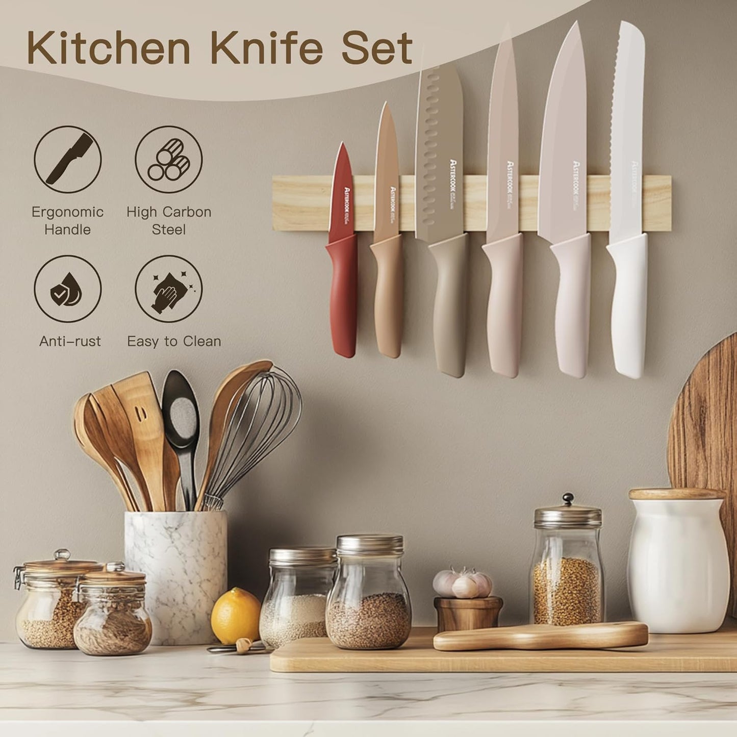 Astercook Knife Set, 13 Pieces Kitchen Knives Set with Healthy Anti-Rust Coating, Dishwasher Safe, Stainless Steel Chef Knife Sets with 6 Blade Guards, Perfect Holiday Gifts for Kitchen Morandi