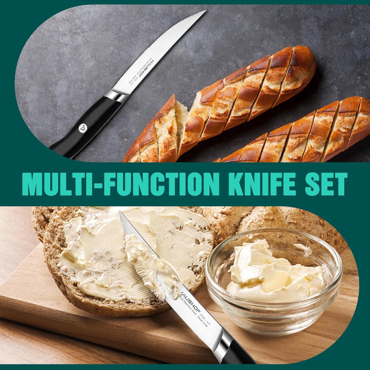 HAUSHOF Steak Knives Set of 8, German Stainless Steel Premium Serrated Steak Knife Set with Gift Box, Full Tang Design with Ergonomic Handle, Gifts Knife Set for Dad, Mom, Husband and Wife