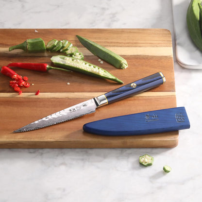 Cangshan KITA Series 5-Inch Serrated Utility Knife with Sheath, High Carbon X-7 Damascus Steel, 501448