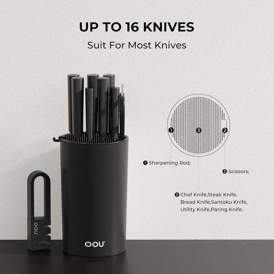 OOU Universal Knife Block Holder - Round Kitchen Knife Storage Unique Slot Design to Protect Blades, Space Saver Knife Organizer Detachable for Easy Cleaning, White