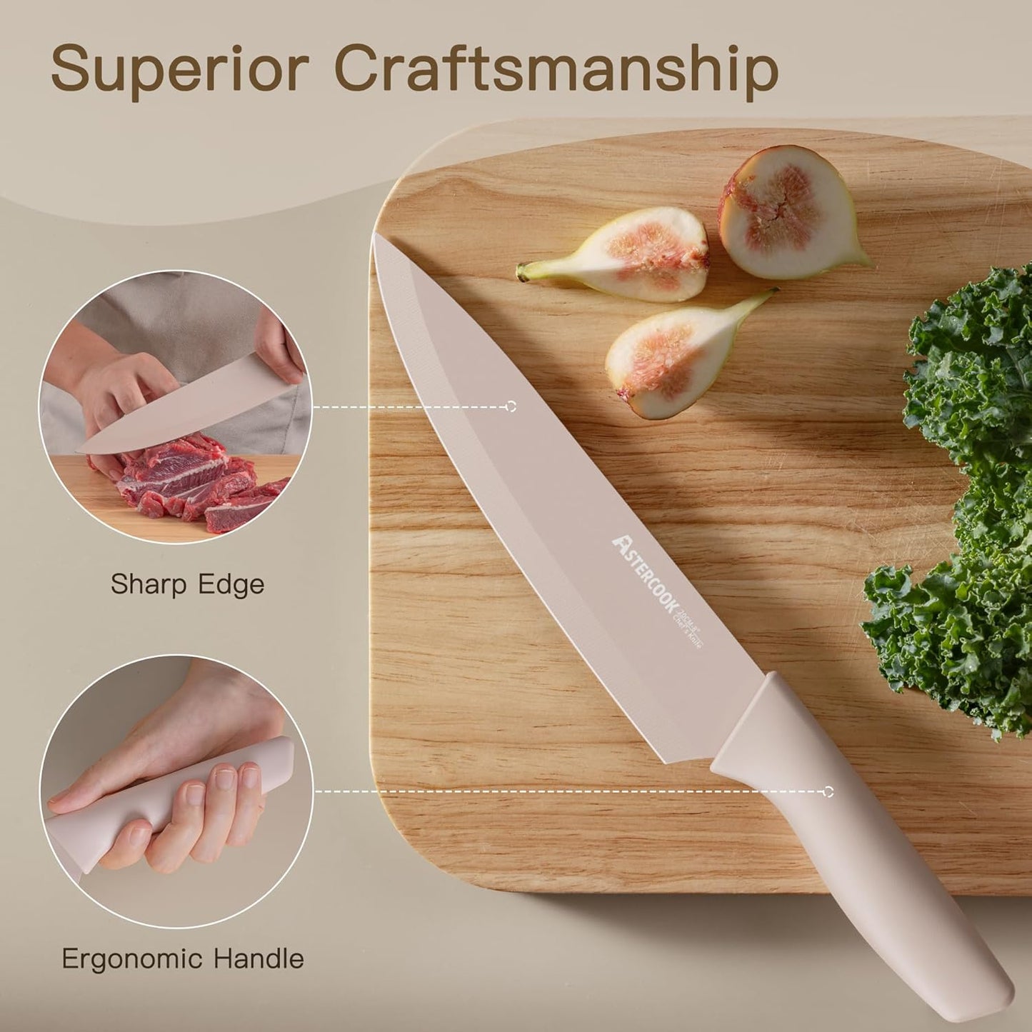 Astercook Knife Set, 13 Pieces Kitchen Knives Set with Healthy Anti-Rust Coating, Dishwasher Safe, Stainless Steel Chef Knife Sets with 6 Blade Guards, Perfect Holiday Gifts for Kitchen Morandi