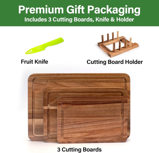Wood Cutting Board Set of 4, Wooden Chopping Boards with Food Icons for Kitchen, Charcuterie Board for Meat, Vegetables, Fruits, Cheese