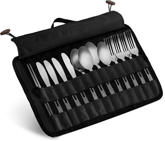 13 Piece Stainless Steel Family Cutlery Picnic Utensil Set with Travel Case for Camping | Hiking | BBQs - Includes Forks | Spoons | Knifes | Chopstick, Plus Nylon Commuter Case (Dark Blue)