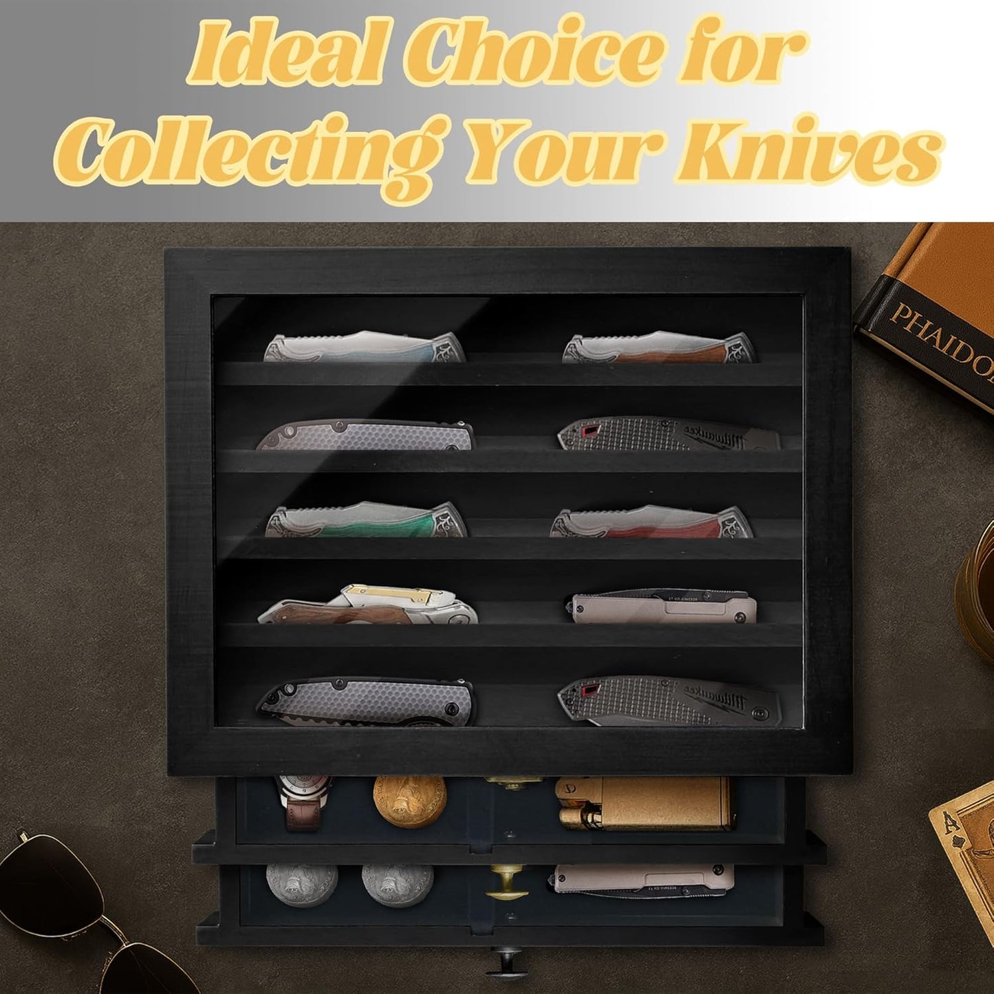 Knife Display Case,2 Layer Pocket Knife Display Case Wood, Knife Collection Display Case with Drawers, Pocket Knife Organizer for Gifts, Black