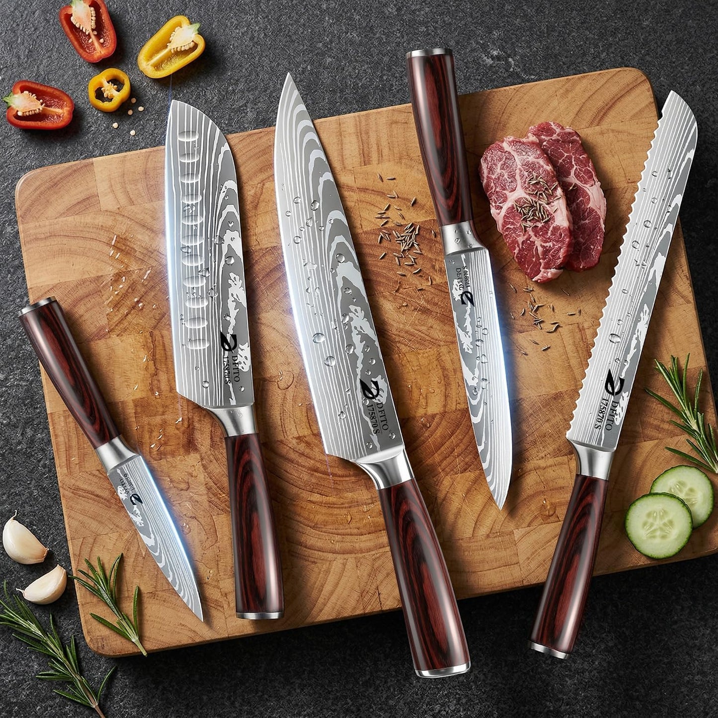 Dfito Kitchen Knife Set, 3 Pieces High Carbon Stainless Steel Chef Knife Set with Red Pakkawood Handle, Ultra Sharp Professional Chef Knives Sets for Home Cooking, Dishwasher Safe