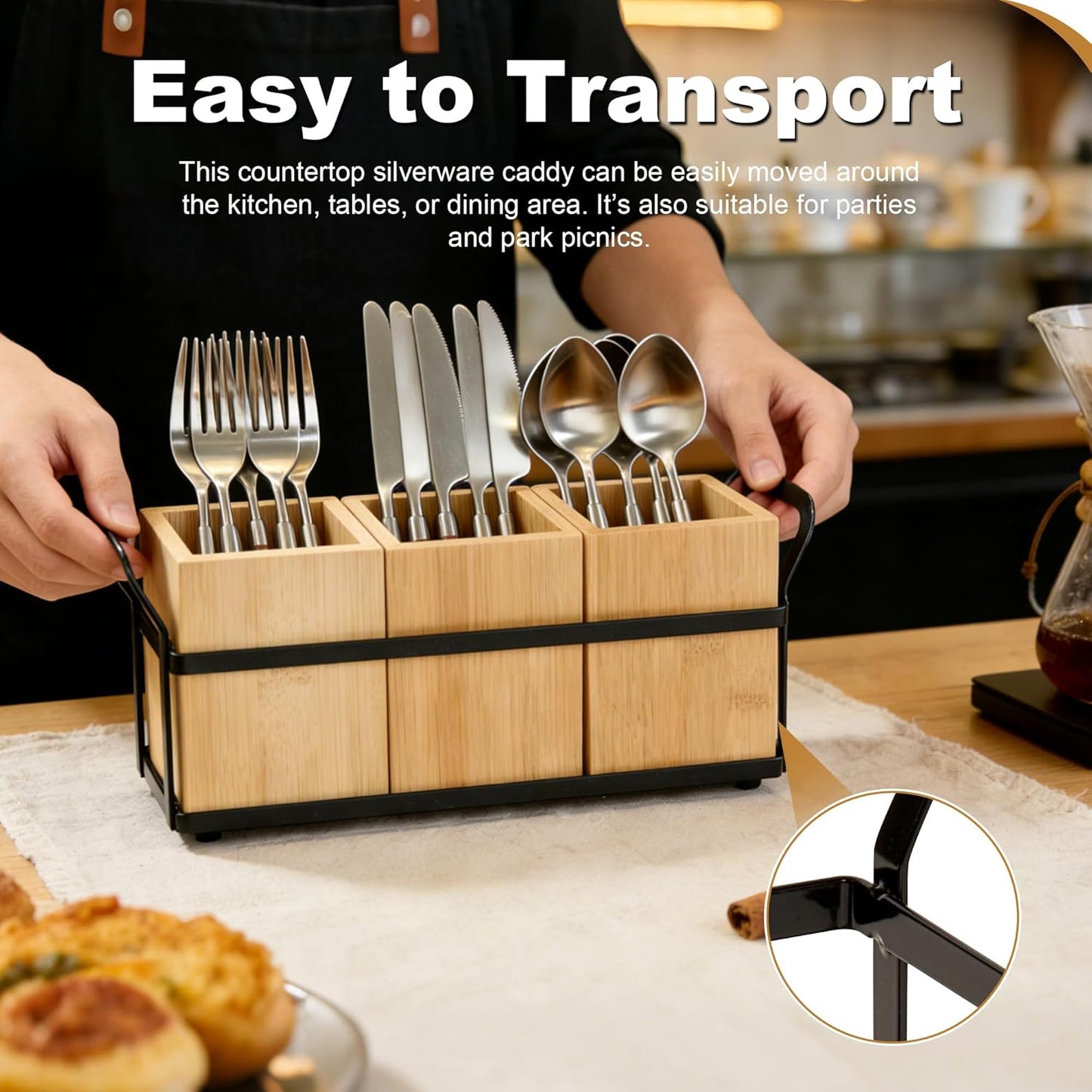 Kitchen Utensil Holder for Countertop, 3 Compartments Wooden Utensils Organizer for Cooking Utensils, Silverware, Spatula, Fork, Knife, Cutlery Storage for Kitchen Counter-White