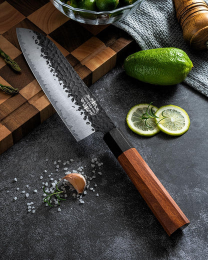 FAMCüTE Japanese Knife Block Set, Hand Forged 5-Layer 9CR18MOV Clad Steel Ultra Sharp Kitchen Knives with Wooden Storage & Rosewood Handle, Includes Chef, Santoku, Nakiri, Fruit Knife for Home Mom/Dad