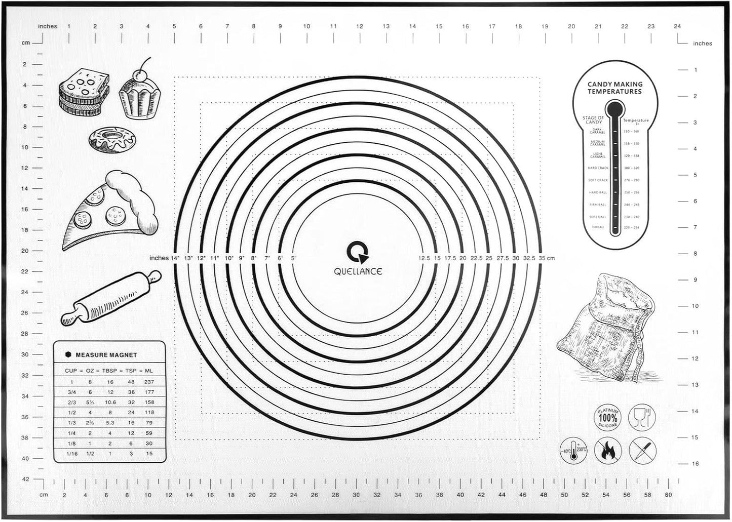Silicone Pastry Baking Mat Dough - 16x24Inch Large Non Stick Slip Cookie Bread Rolling Mats Sheet, Kitchen Counter Kneading Cooking Board Pad Matt with Measurement for Pie Pizza Cookies Fondant Making