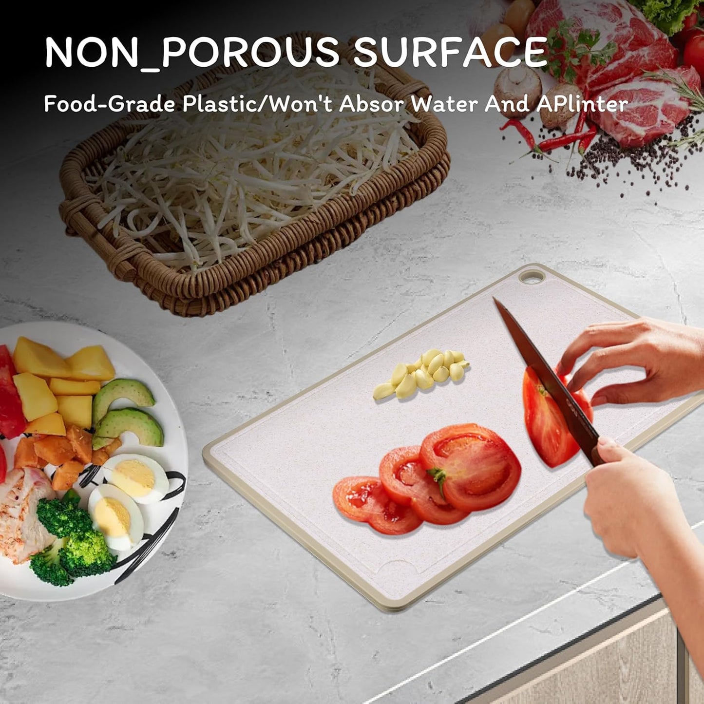 Cutting Board for Kitchen, Wheat Straw Fiber Cutting Board, Dish Washer Safe, w/Juice Grooves for Meat, Veggies, Easy Grip Handle, Non-slip Surface Eco-friendly Serveware Accessories （10‘x6.3’）