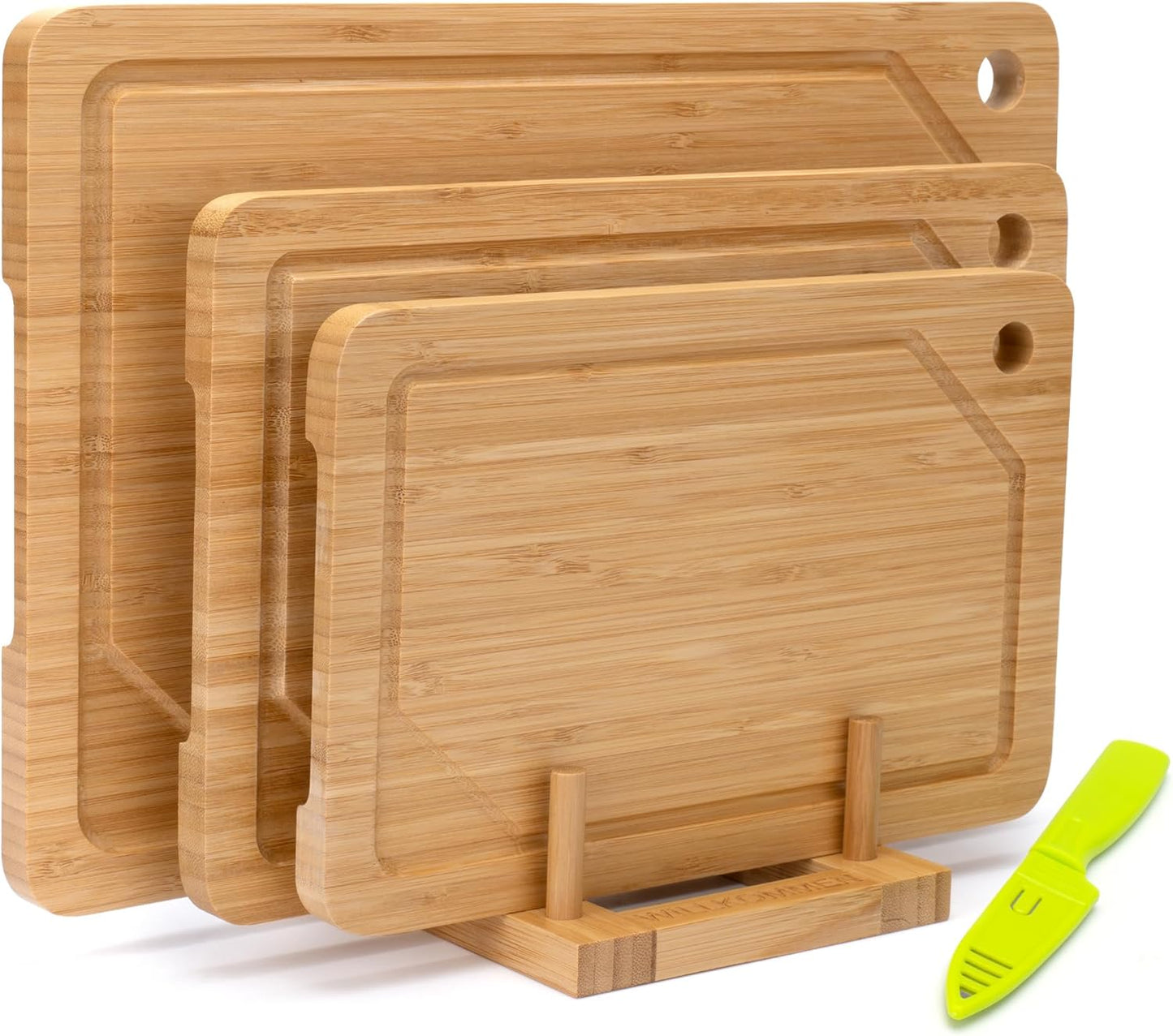 WILLKOMMEN 4-Piece Bamboo Cutting Boards for Kitchen, Chopping Board Set with Food Icon (Meat, Fish, Vegetables, Fruits) Butcher Block with Stands, Handles & Juice Grooves (Small, Medium, Large, XL)