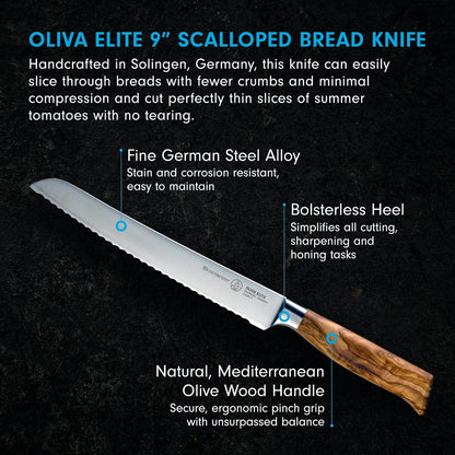 Messermeister Oliva Elite 9” Scalloped Bread Knife - Fine German Steel Alloy Blade & Natural Mediterranean Olive Wood Handle - Rust Resistant & Easy to Maintain