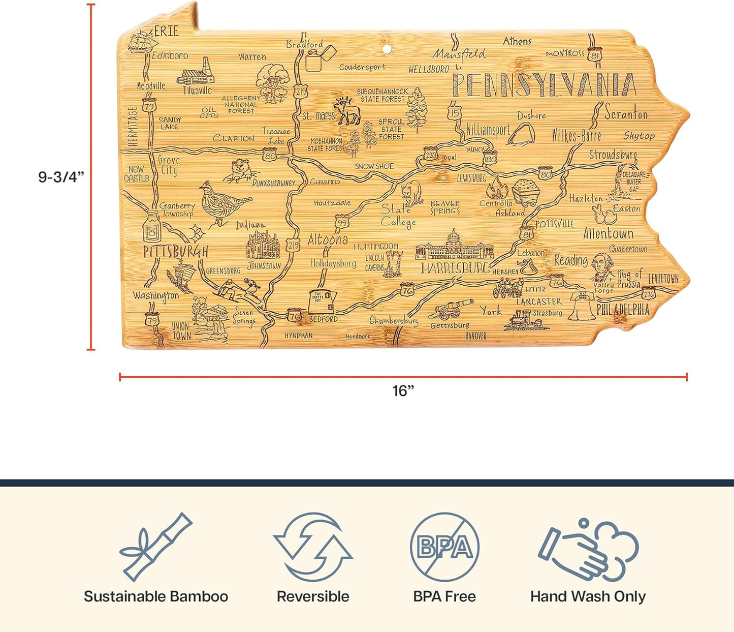 Totally Bamboo Destination Pennsylvania Shaped Cutting Board – Bamboo Charcuterie and Serving Board with Hang Tie for Wall Display