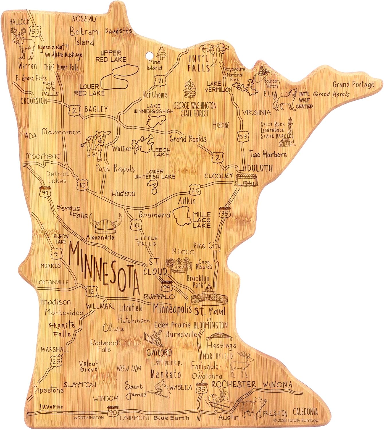 Totally Bamboo Destination Minnesota Shaped Cutting Board – Bamboo Charcuterie and Serving Board with Hang Tie for Wall Display