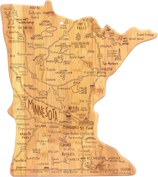Totally Bamboo Destination Minnesota Shaped Cutting Board – Bamboo Charcuterie and Serving Board with Hang Tie for Wall Display