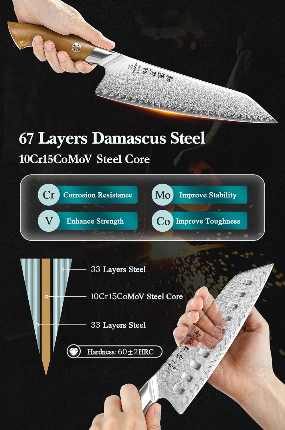 HEZHEN Damascus Chef Knife, 8.5 Inches, 67 Layers Damascus Steel, Professional Japanese Kitchen Knife for Chefs and Home Cooking, Ultra-sharp Blade with Linen Micarta Handle, Gift Packing