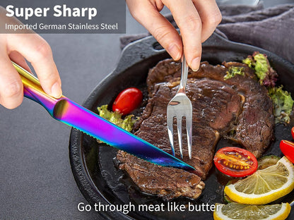 Rainbow Serrated Steak Knife 8 Piece Set, German High Carton Stainless Steel Blade for Home Restaurant