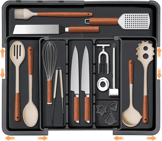Spaclear Large Utensil Drawer Organizer Expandable Silverware Organizer for Kitchen Drawer Adjustable Cooking Utensil Holder Cutlery Flatware Tray Spatula Tools Gadgets Storage Dividers Plastic Grey