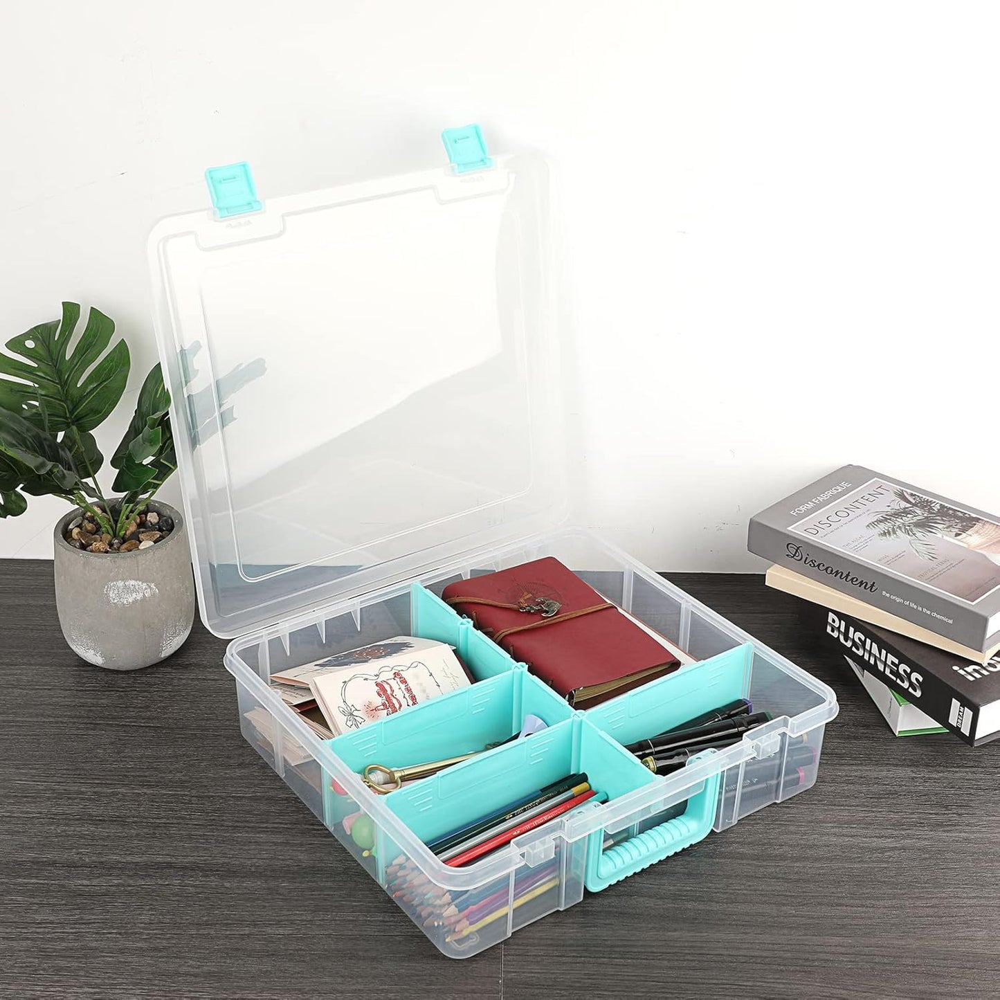 BTSKY Clear Plastic Dividing Storage Box with 4 Compartments Adjustable Storage Bin with Lid Plastic Craft Storage Container Multipurpose Sewing Box Art Supply Organizer, 13.3x8.1x3.4 Inches
