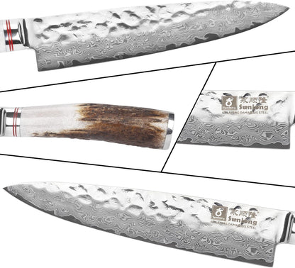 SUNLONG Usuba & Nakiri Knife 6.5 inch Fruit and Vegetable Knife Japanese Hammered Damascus Steel Super sharp - Natural Deer Horn Handle