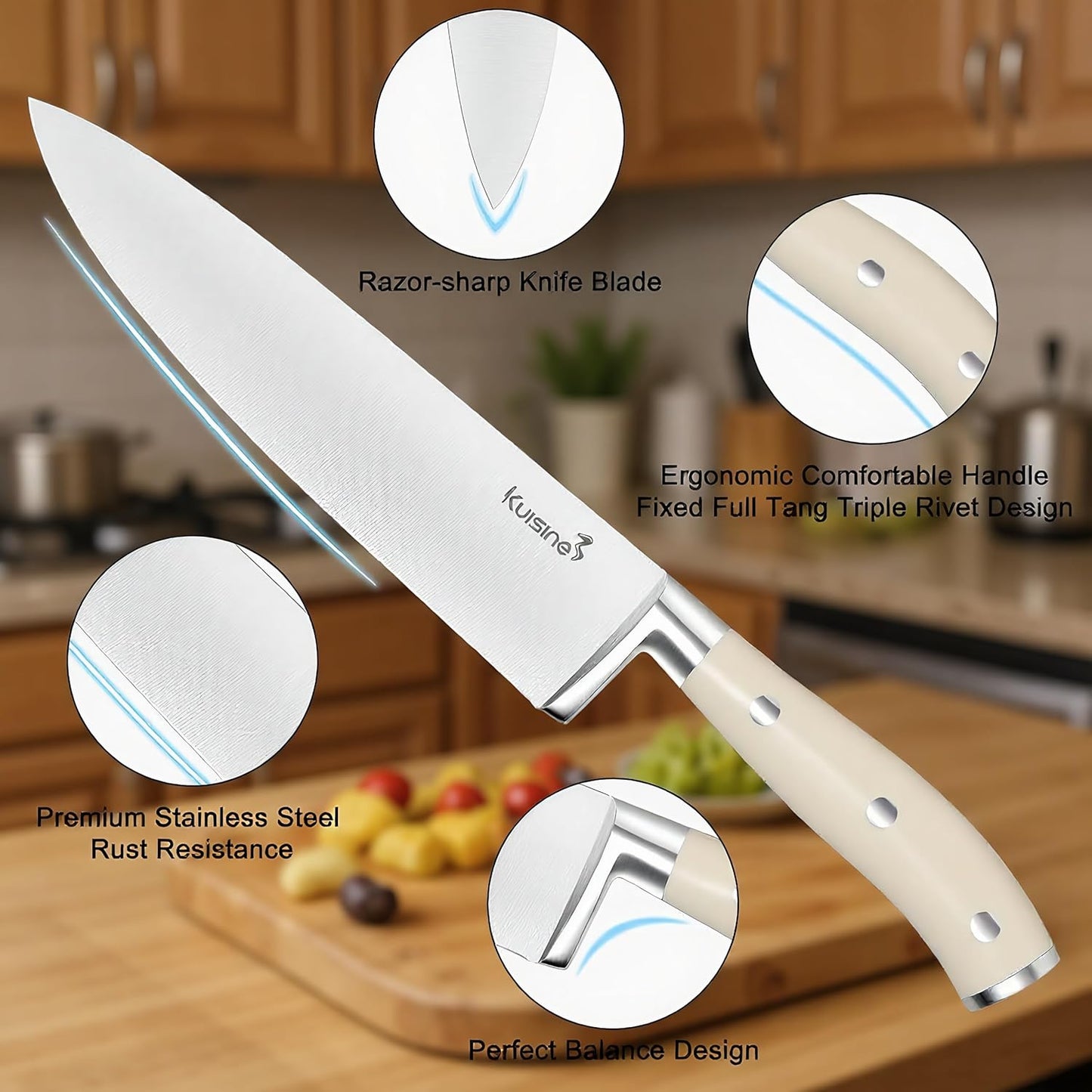 KUISINE Upgraded Knife Set High Carbon Stainless Steel Ultra Sharp Blade Ergonomic Handle,Knife Block Set with Built-in Sharpener(Ivory Acacia,15PCS)