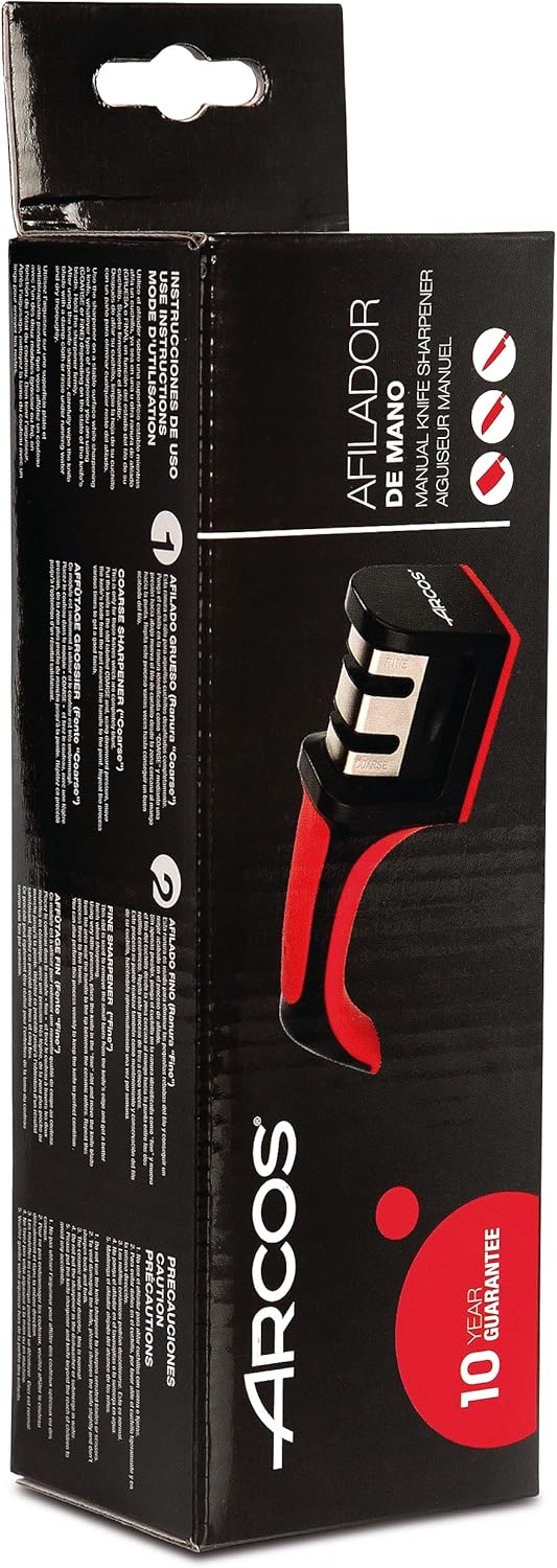 Arcos Sharpeners Manual Knife Sharpener tool. Made of ABS + TPE. Carbide and Ceramic Rollers. Keep Your Knives Razor Sharp. Black and Red Color