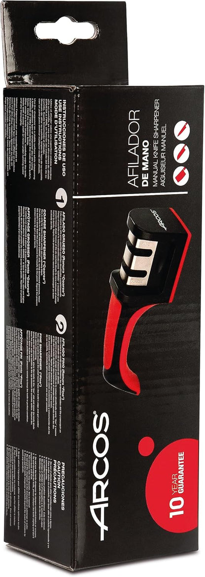 Arcos Sharpeners Manual Knife Sharpener tool. Made of ABS + TPE. Carbide and Ceramic Rollers. Keep Your Knives Razor Sharp. Black and Red Color