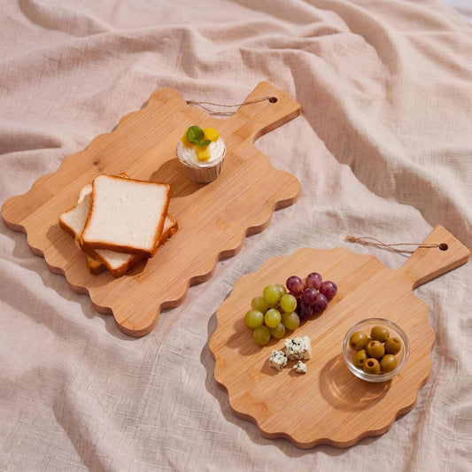 Novabright 2 Pcs Acacia Wood Scalloped Cutting and Chopping Board with Handle Decorative Cutting Boards for Kitchen Wooden Charcuterie Boards Serving Tray for Cheese Meat Fruit Bread Baking