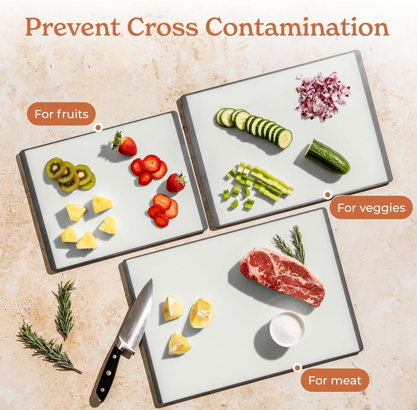 SMIRLY Plastic Cutting Board Set with Holder 3 Pieces, Non-Slip Dishwasher Safe Chopping Boards for Kitchen, Black & White