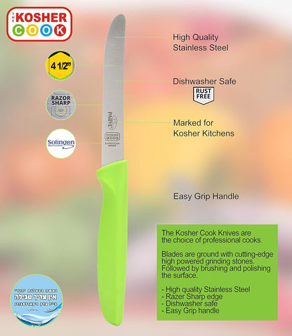 The Kosher Cook Parve Green Kitchen Knife – 4.5” Steak and Vegetable Knife - Razor Sharp Curved Tip, Straight Edge - Color Coded Kitchen Tools