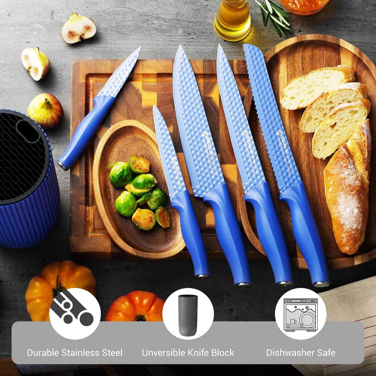 Kitchen Knife Set with Block, 6-Piece Non-stick Stainless Steel Sharp Knives Set for Precision Cutting with Universal Knife Block for Kitchen, Ergonomic Design & Dishwasher Safe, Pink