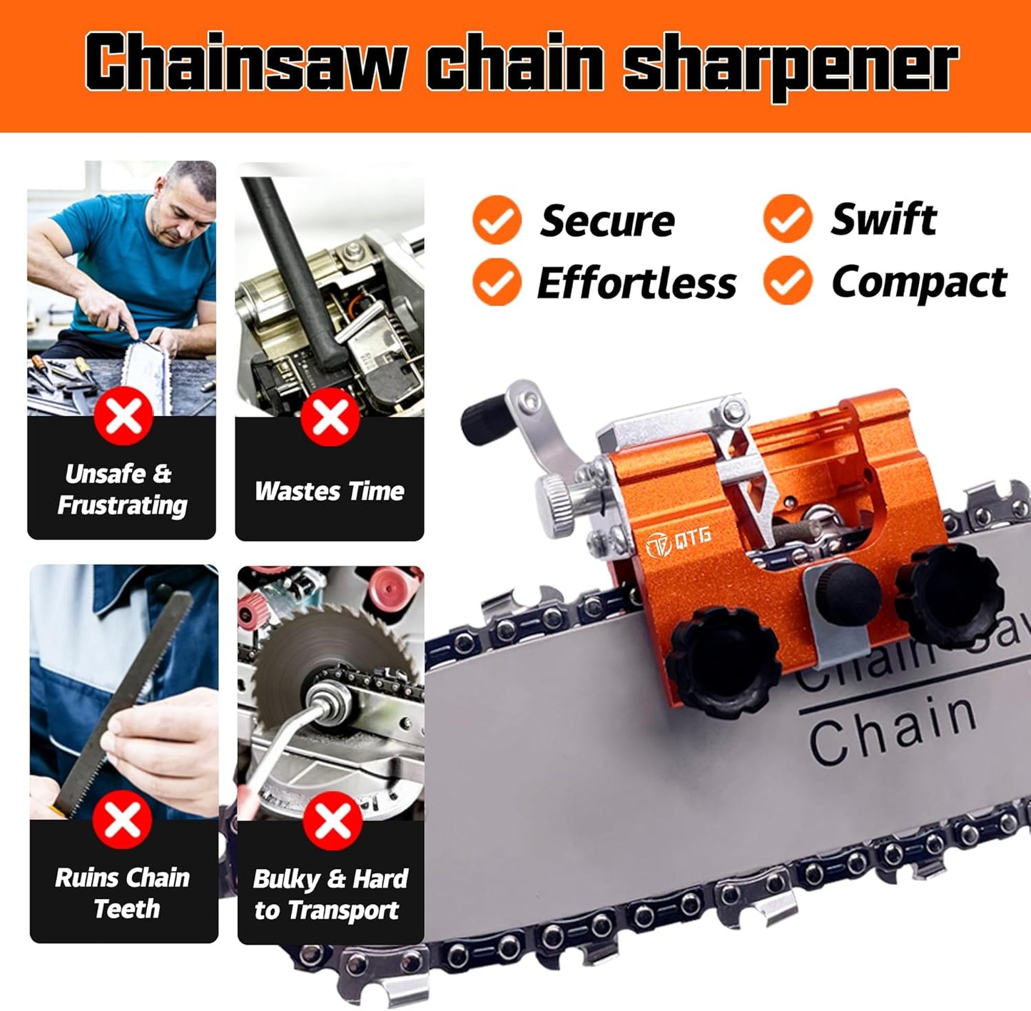 QTG Manual Chain Saw Sharpener,Adjustable Clamp & Precision Guide,Portable Metal Attachment,8-22" Chain/Electric Saws