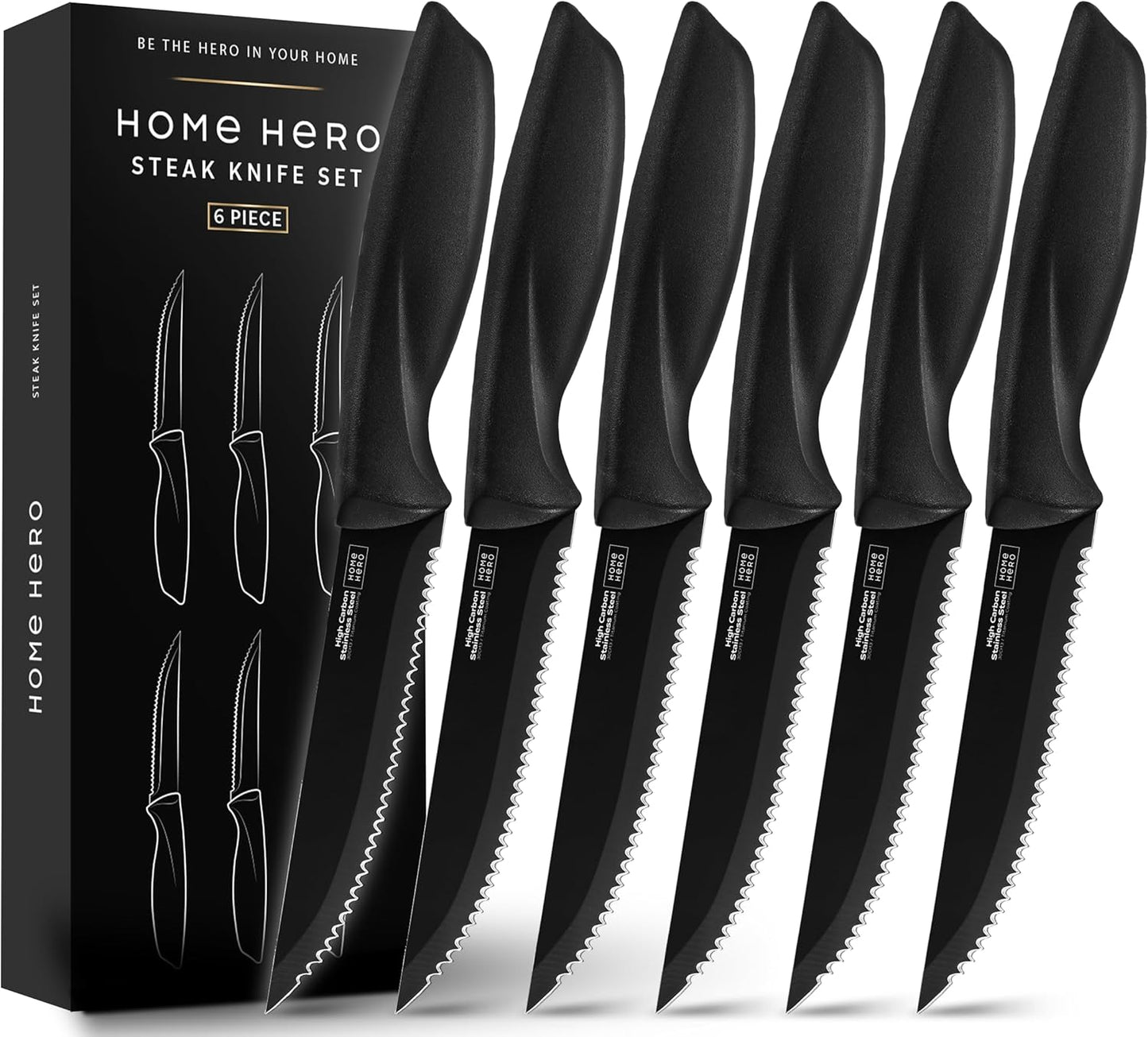 Home Hero Steak Knife Set - Effortless Cutting & Serrated Steak Knives - Rust-Resistant Stainless Steel Blades & Cutlery Set - Comfort-Grip Handles & Kitchen Knife Set - Pack of 4, Black